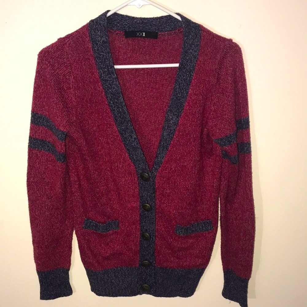 Forever 21 Burgundy V-Neck Cardigan with Charcoal Trim